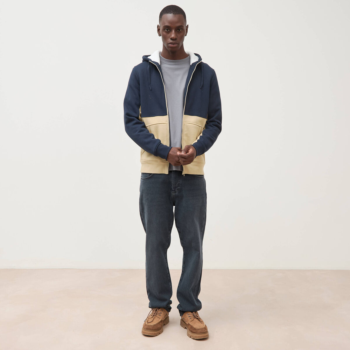 Sweat droit sherpa &agrave; capuche bleu marine homme