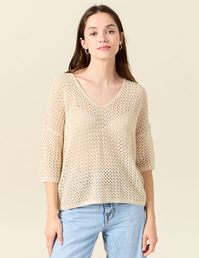 Pull ajour&eacute; col v manches 3/4 creme femme