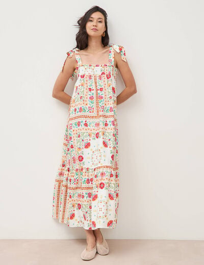 Robe bretelles col carr&eacute; fluide blanc femme