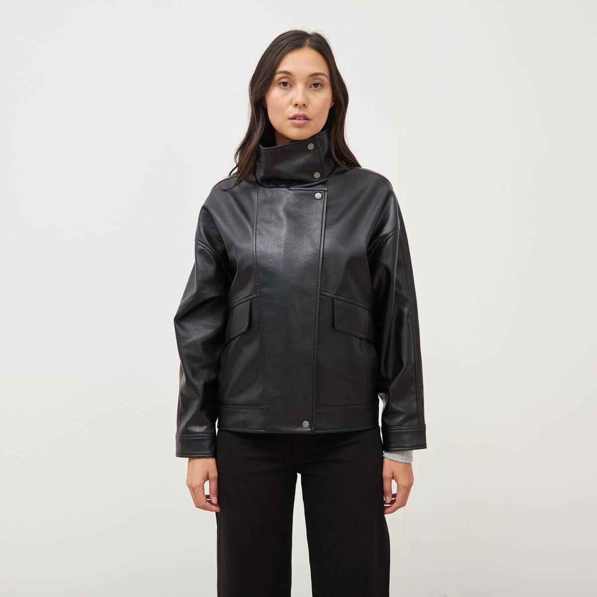 Blouson manches longues similicuir noir femme