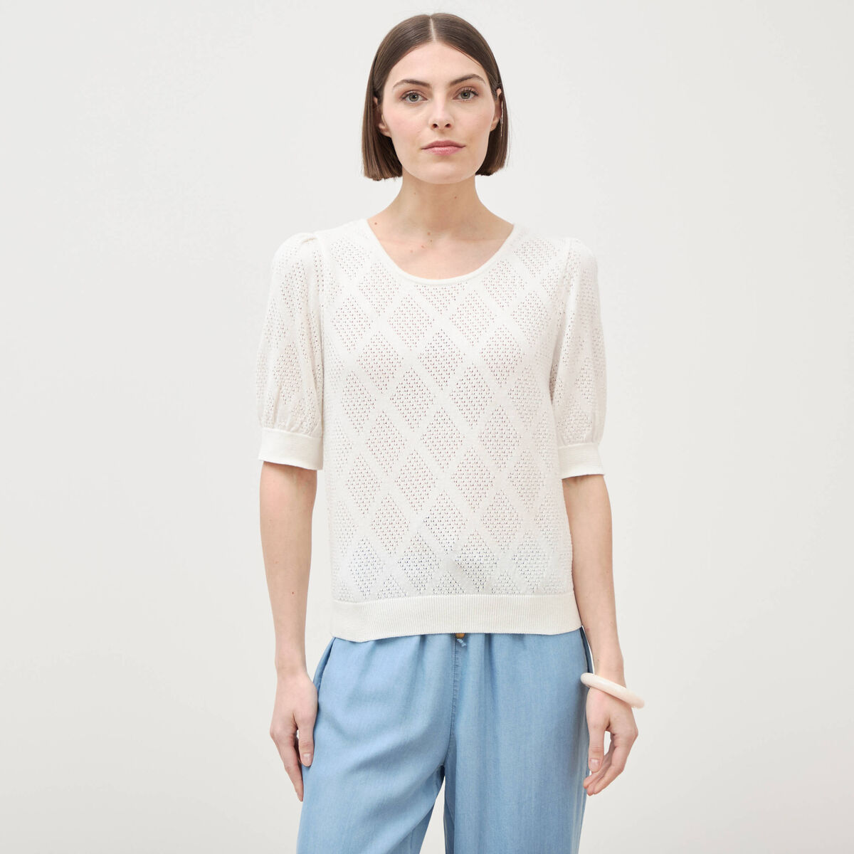 Pull ajour&eacute; droit court manches courtes ecru femme