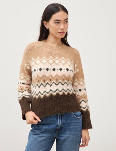 Pull droit col rond manches longues marron femme