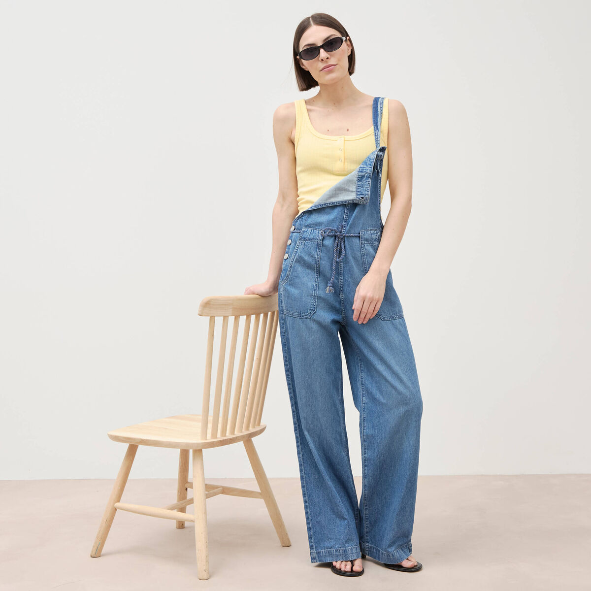 Salopette loose en jeans denim bleach femme