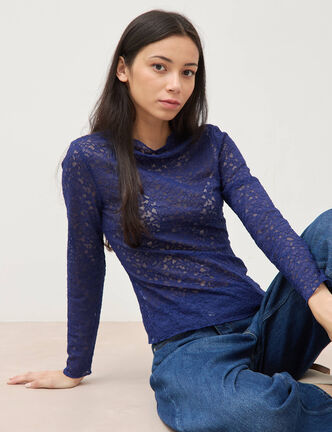 T-shirt ajust&eacute; dentelle manches longues bleu fonc&eacute; femme