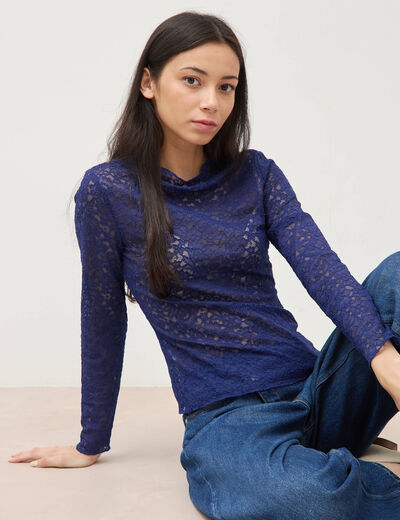 T-shirt ajust&eacute; dentelle manches longues bleu fonc&eacute; femme