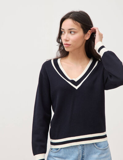 Pull manches longues bleu fonc&eacute; femme