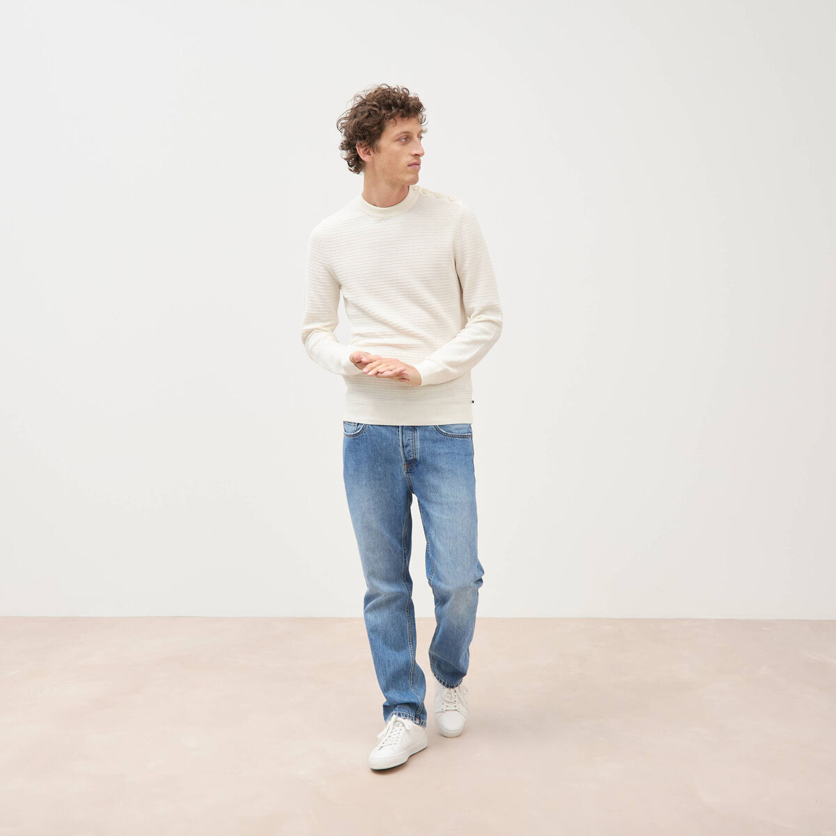 Pull col rond manches longues ecru homme