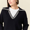 Pull col polo manches longues bleu marine femme
