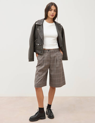 Bermuda large taille haute gris fonc&eacute; femme