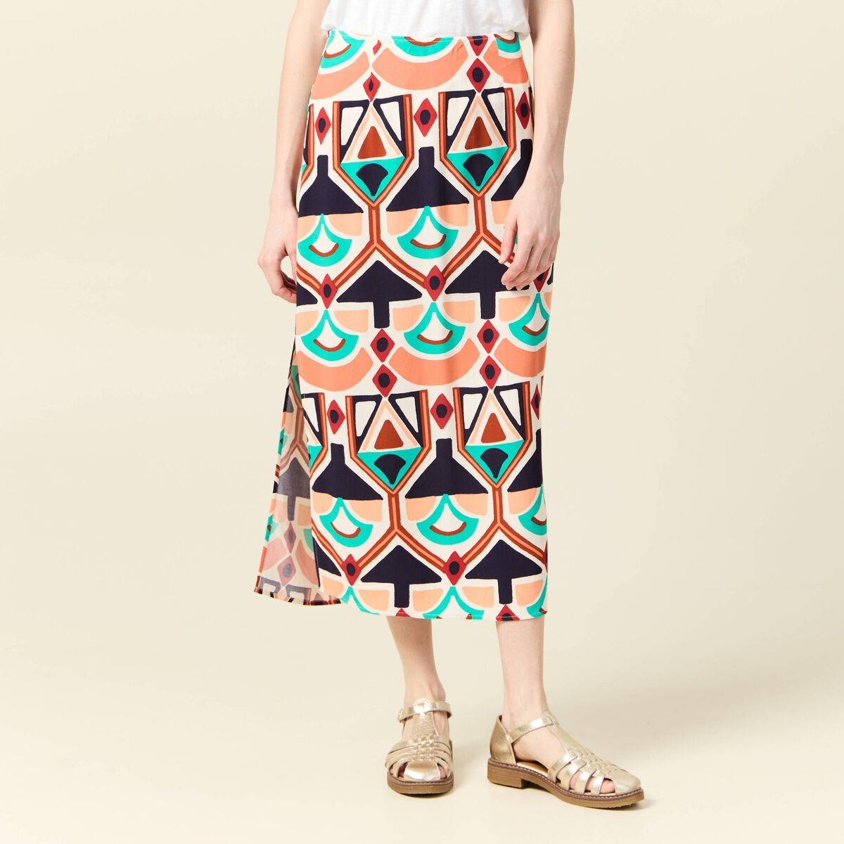 Jupe longue droite fendue orange femme