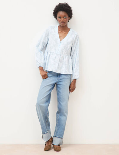 Chemise col v manches longues en coton blanc femme