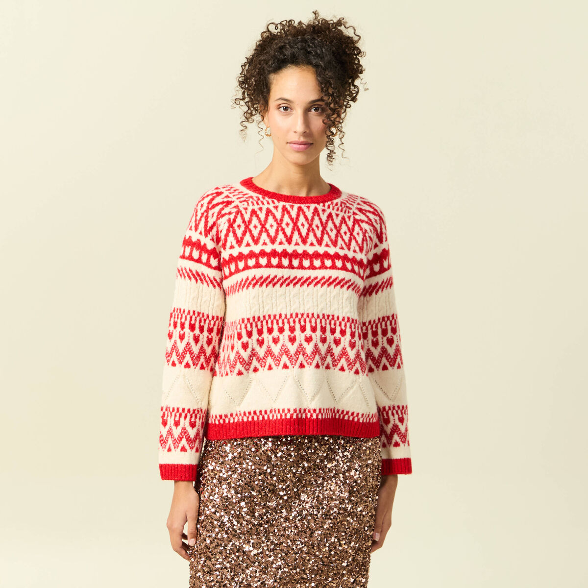 Pull manches longues col rond rouge femme