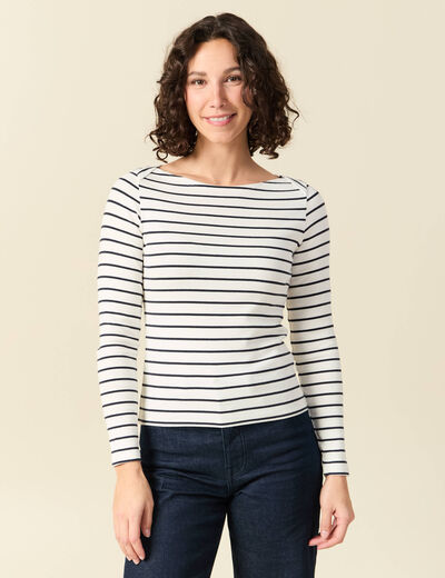T-shirt ray&eacute; ajust&eacute; manches longues bleu femme