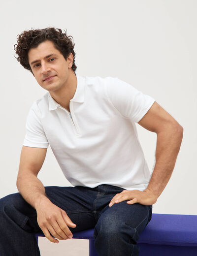 Polo en coton avec zip manches courtes blanc homme
