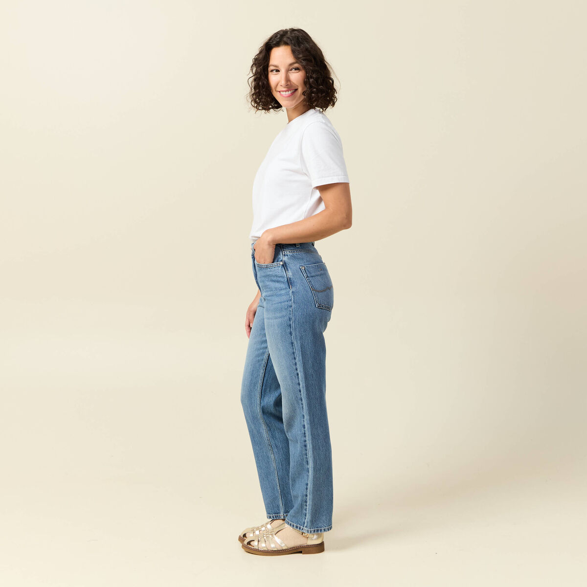 Jeans straight taille haute 7/8&egrave;me bleu femme