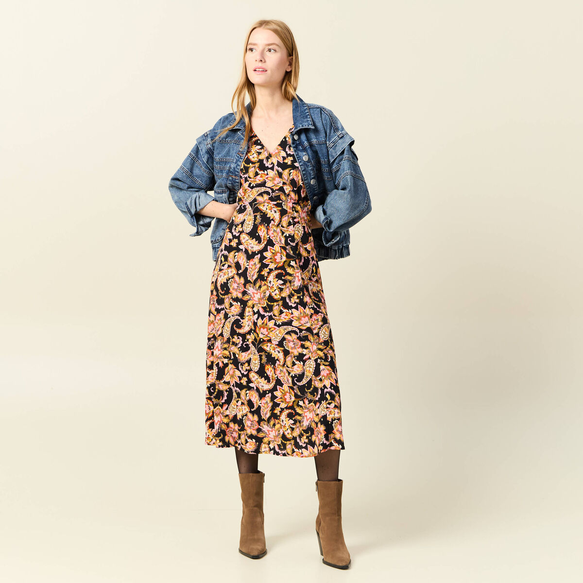 Robe midi évasée manches 3/4 noir femme