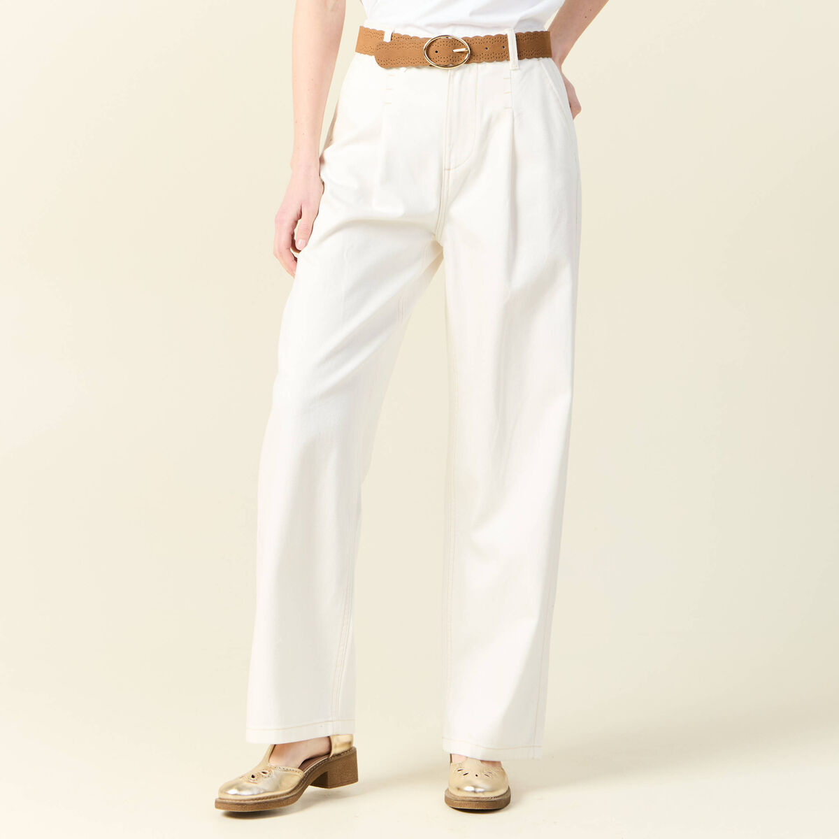 Jeans large à pinces denim blanc femme