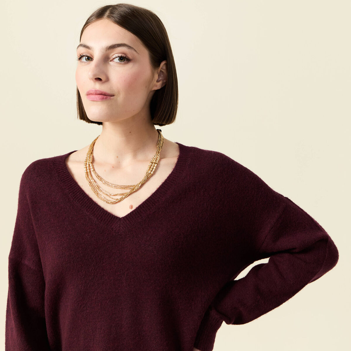 Pull manches longues col en V prune femme