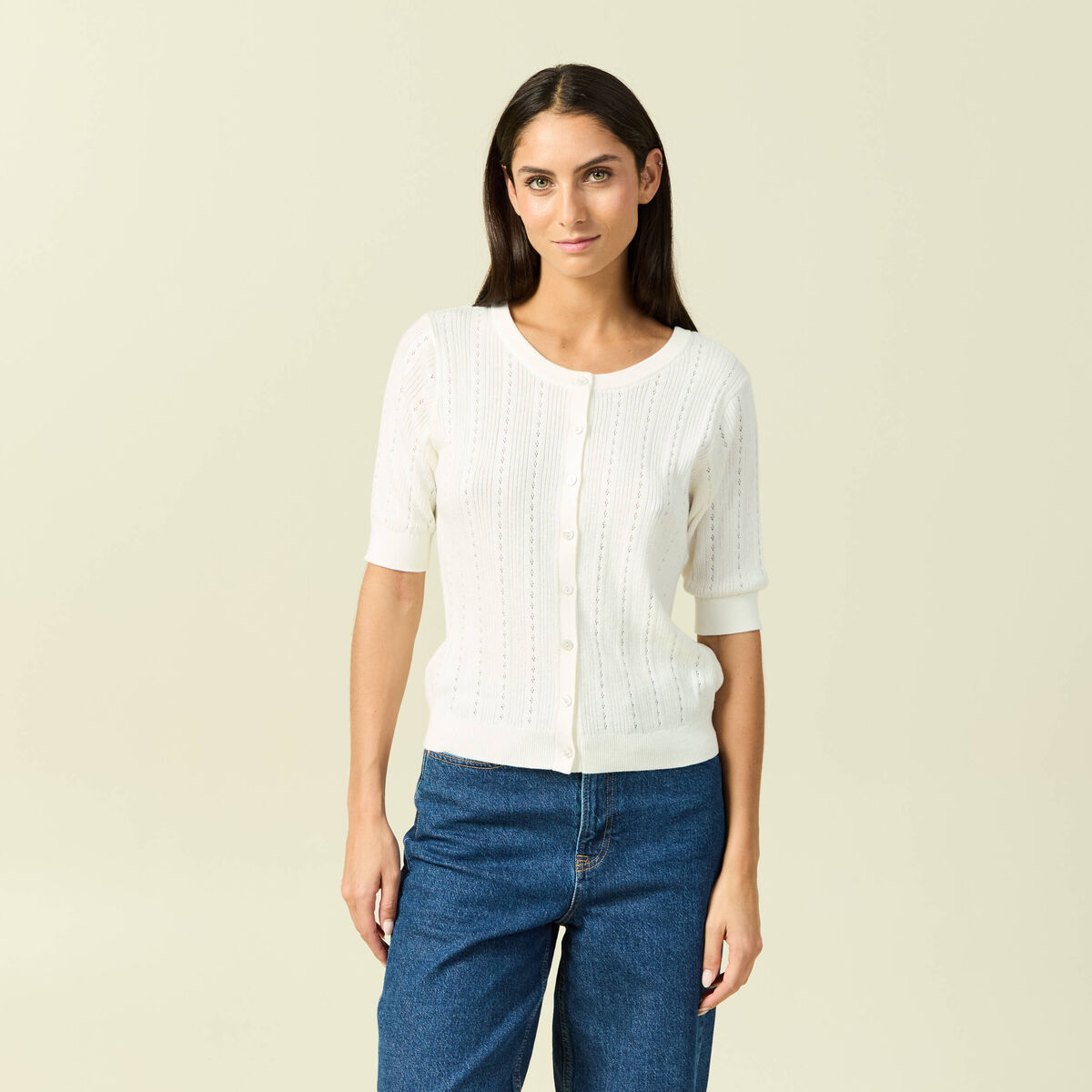 Gilet manches coude col rond ecru femme