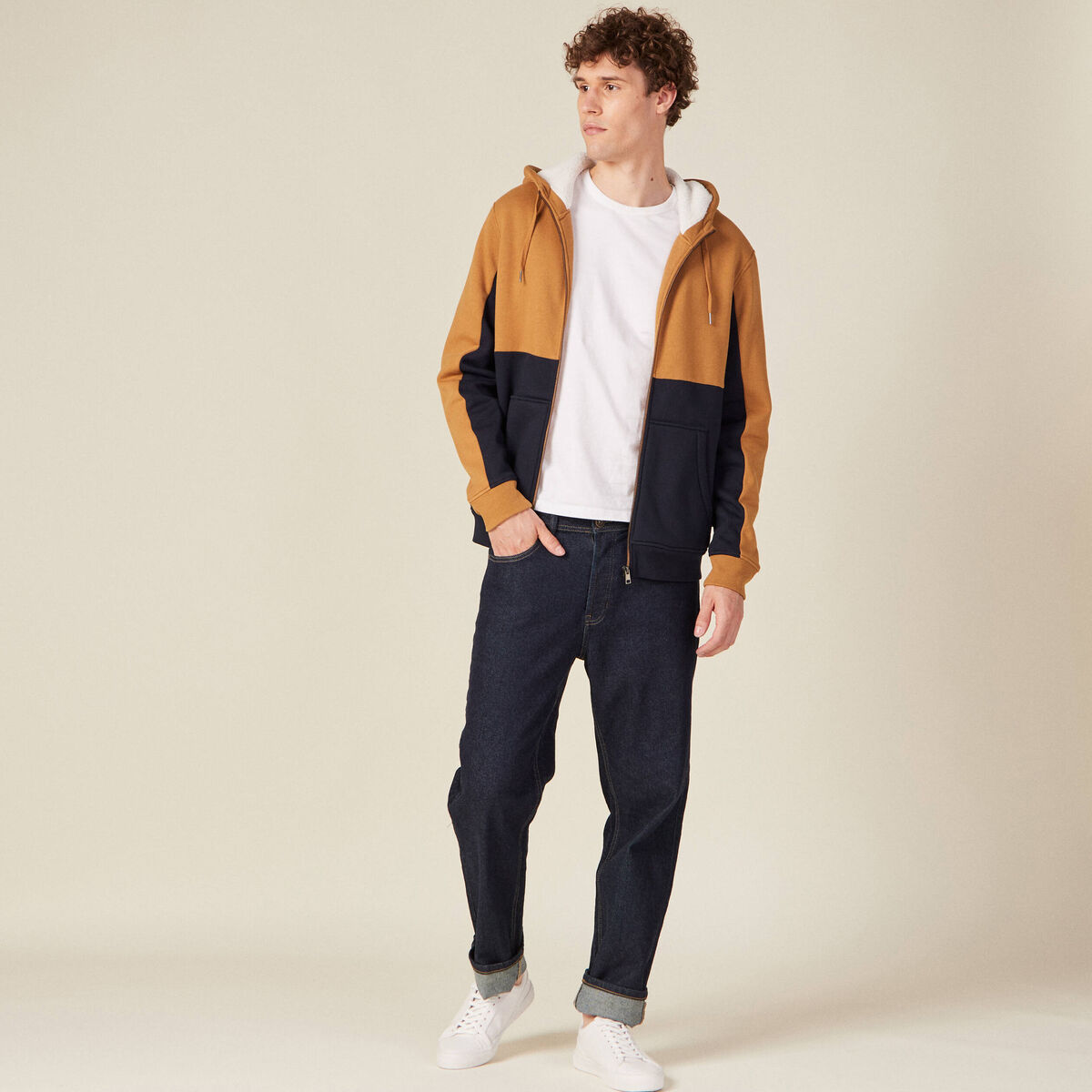 Gilet zippé doublé à capuche camel homme