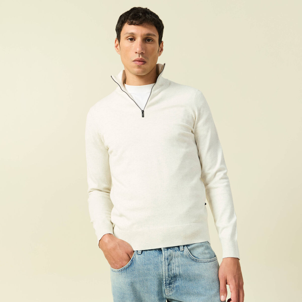 Pull fin col camionneur manches longues ecru homme