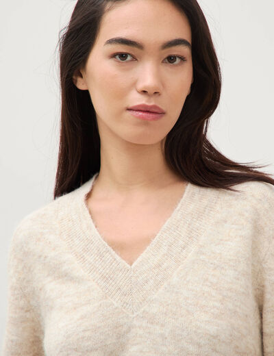 Pull col v manches longues creme femme