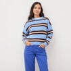 Pull droit manches longues col rond bleu femme