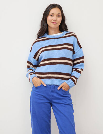 Pull droit manches longues col rond bleu femme