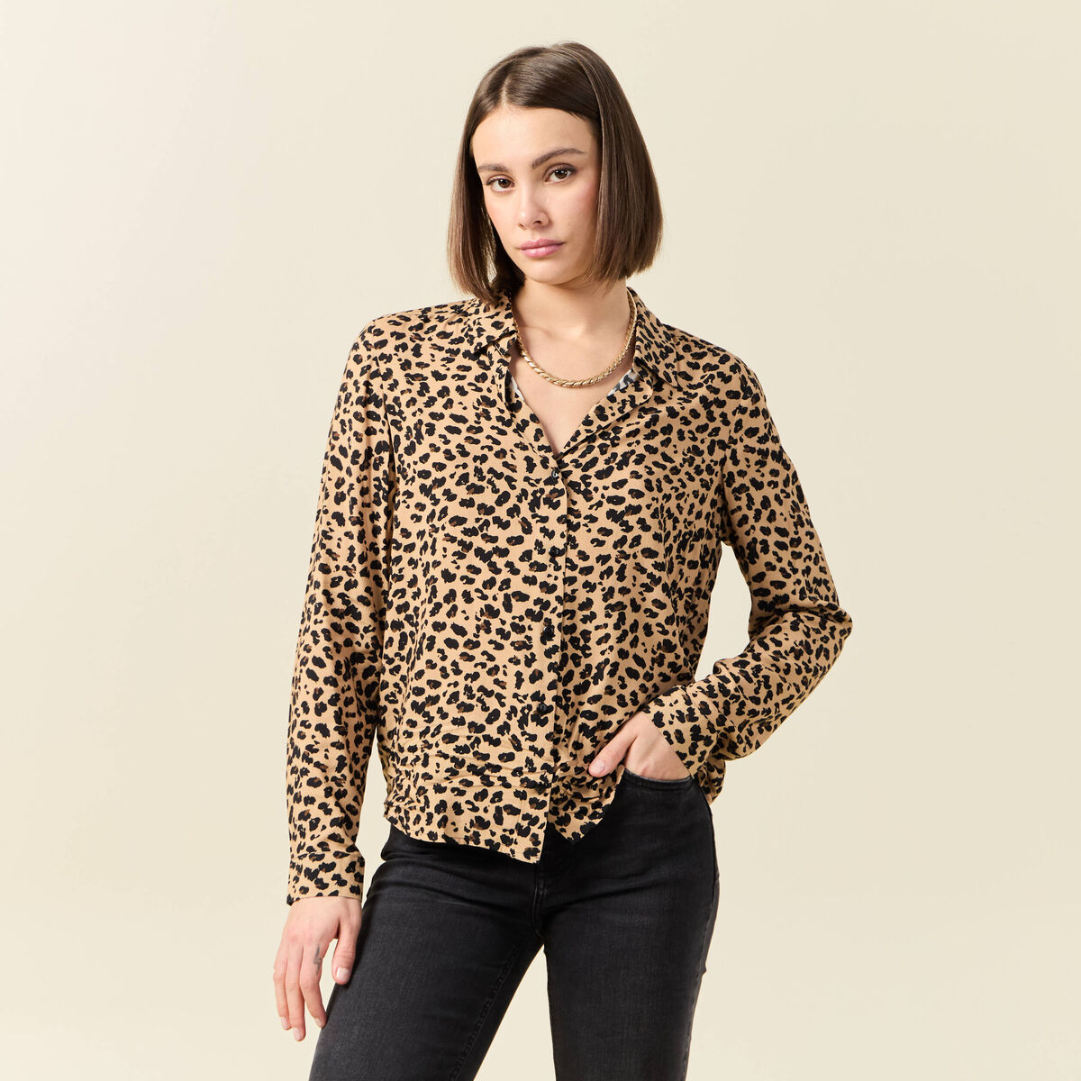 Chemise manches longues marron clair femme