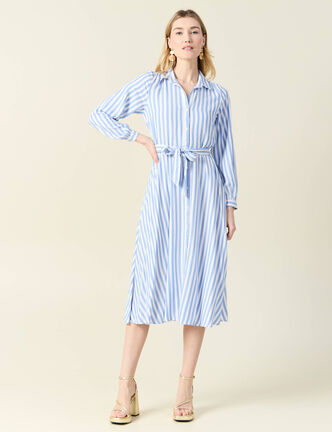 Robe longue évasée ceinturée bleu ciel femme