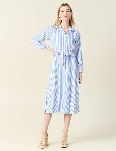 Robe longue évasée ceinturée bleu ciel femme