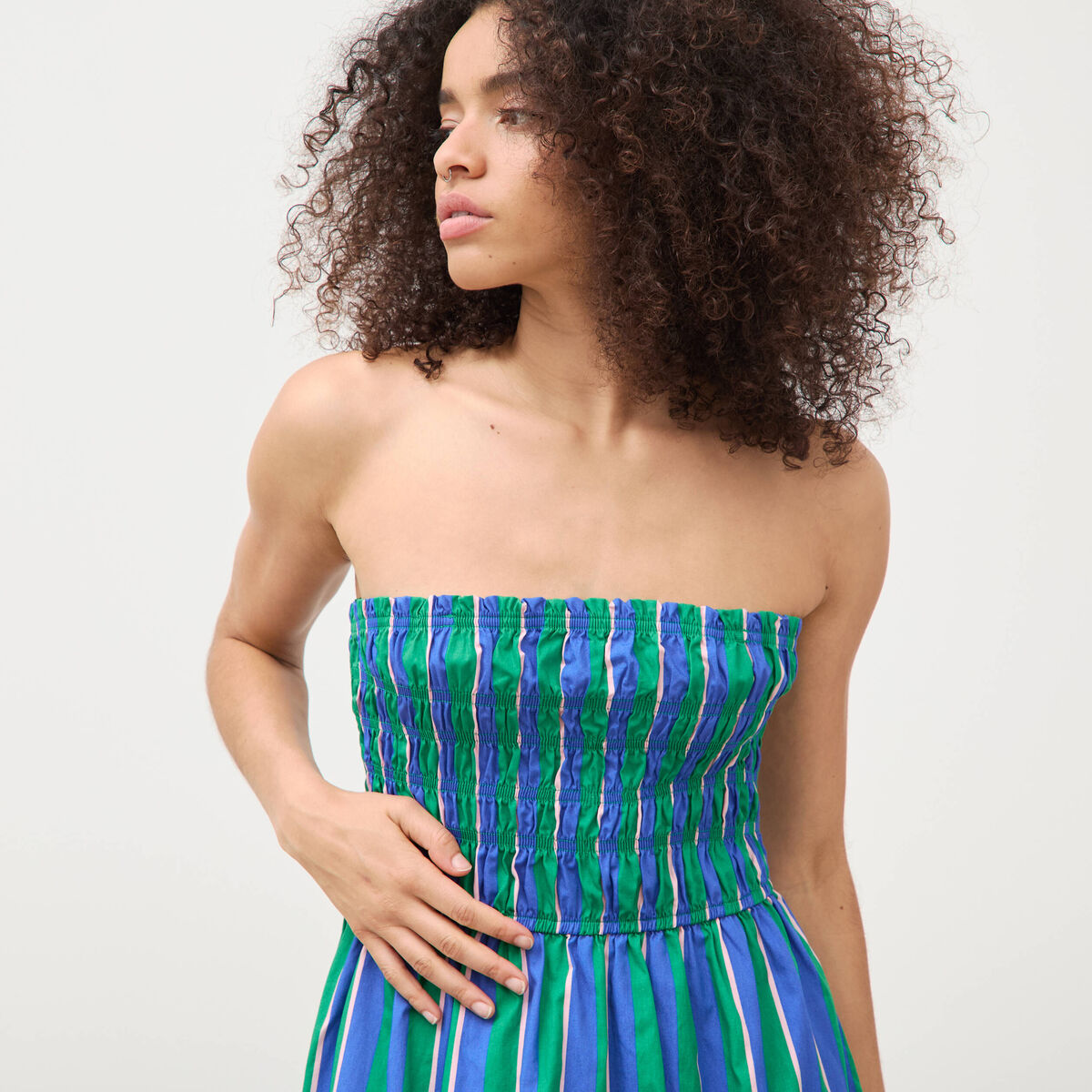Robe bretelles col carr&eacute; en coton bleu femme
