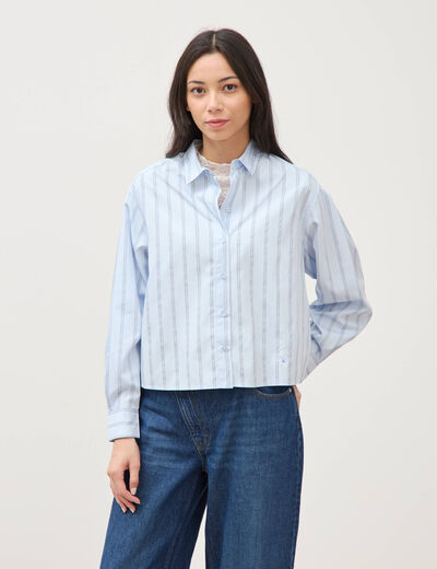 Chemise droite manches longues ray&eacute;e bleu clair femme