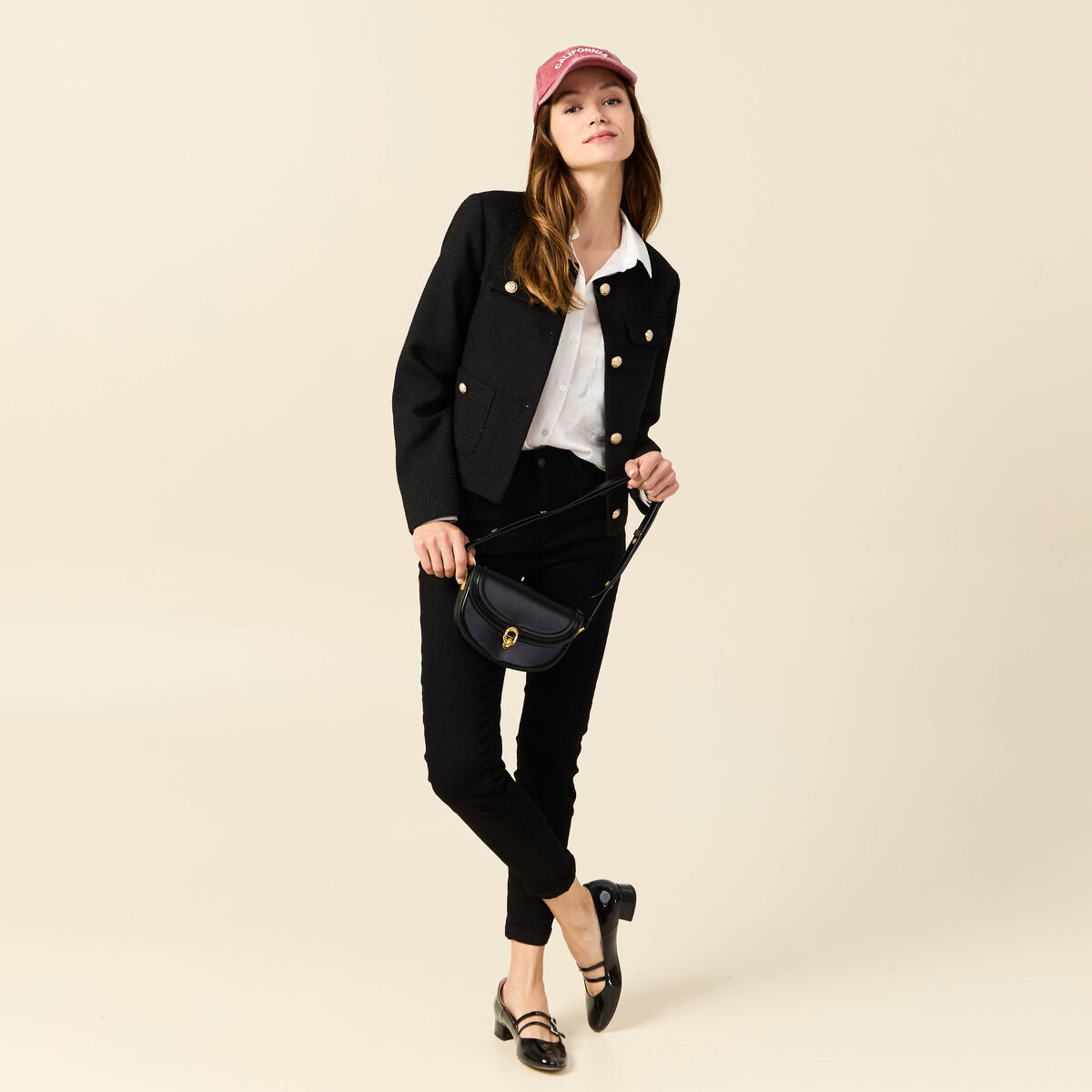 Veste tweed boutonnée noir femme