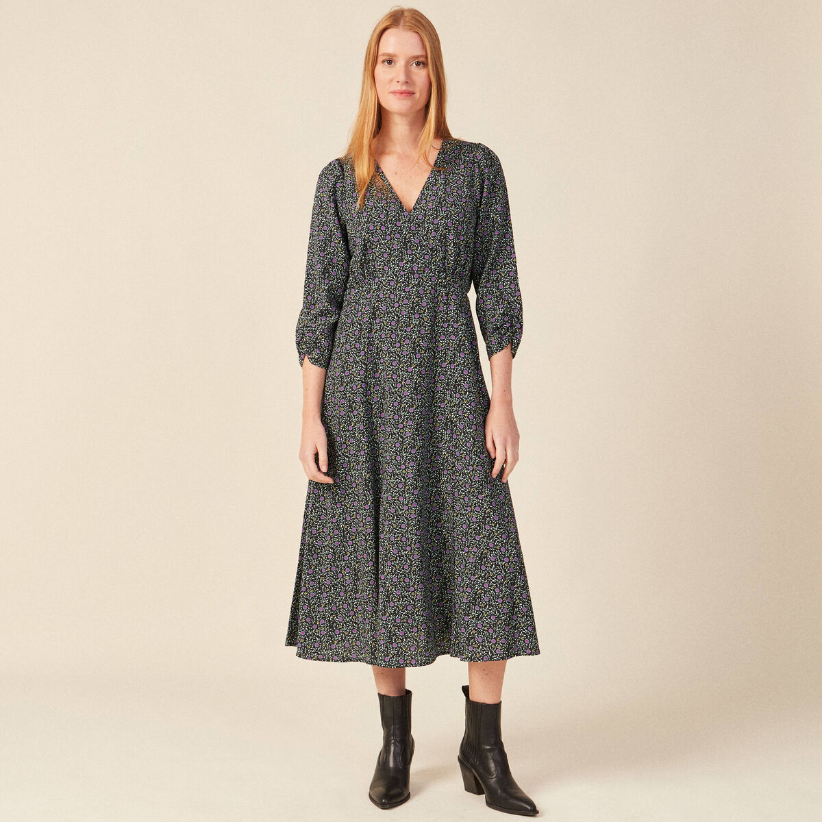 Robe droite 3/4 col v manches fluides noir femme