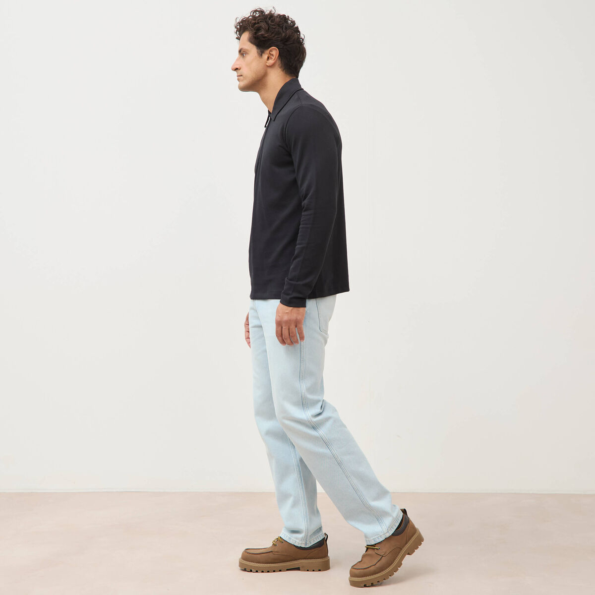 Polo droit manches longues noir homme