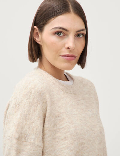 Pull droit manches longues col rond creme femme