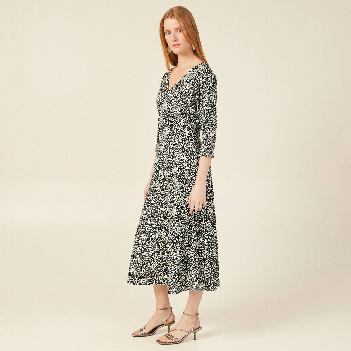 Robe midi droite manches 3/4 noir femme
