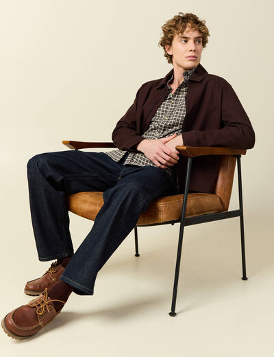 Blouson droit court en coton marron fonc&eacute; homme