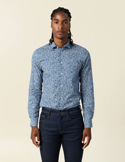 Chemise cintr&eacute;e en coton manches longues bleu marine homme