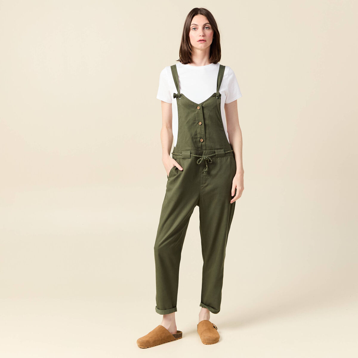 Salopette fluide boutonn&eacute;e vert fonc&eacute; femme