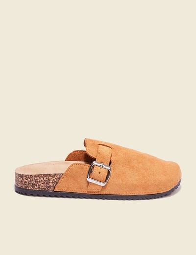 Mules plates su&eacute;dine camel femme