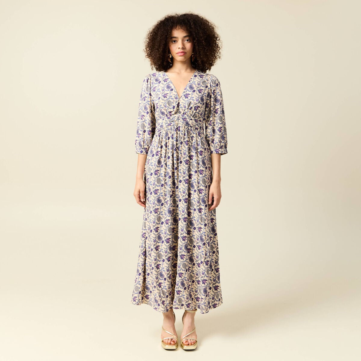 Robe col V manches longues bleu femme