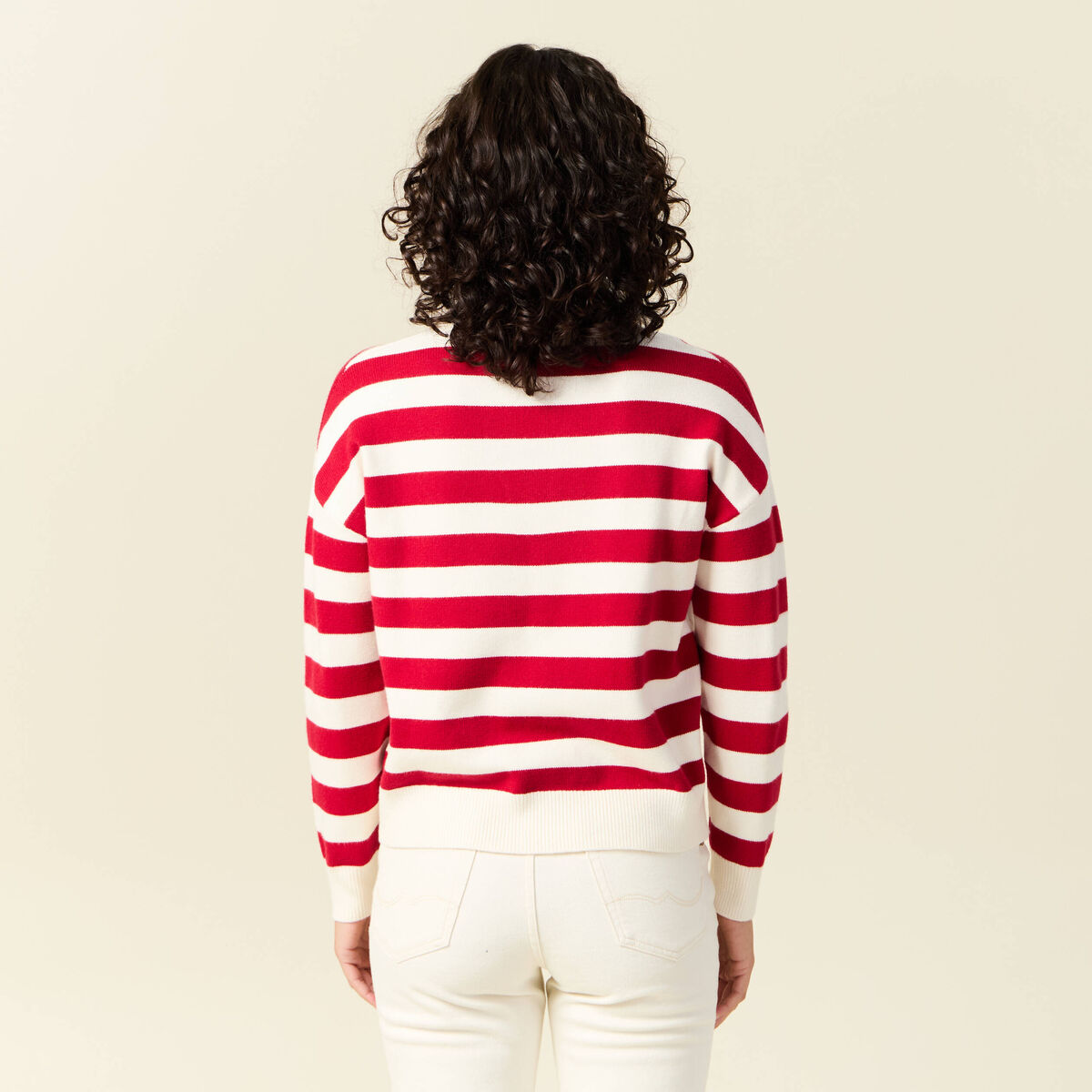 Pull manches longues col polo ecru femme