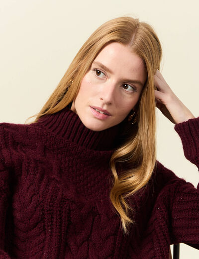 Pull manches longues col roulé rouge foncé femme