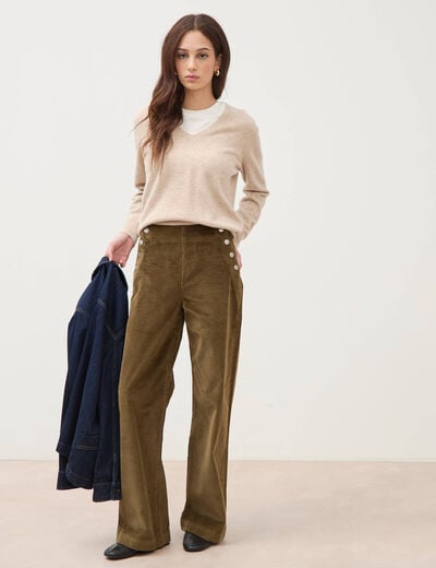Pantalon large taille haute en velours vert olive femme