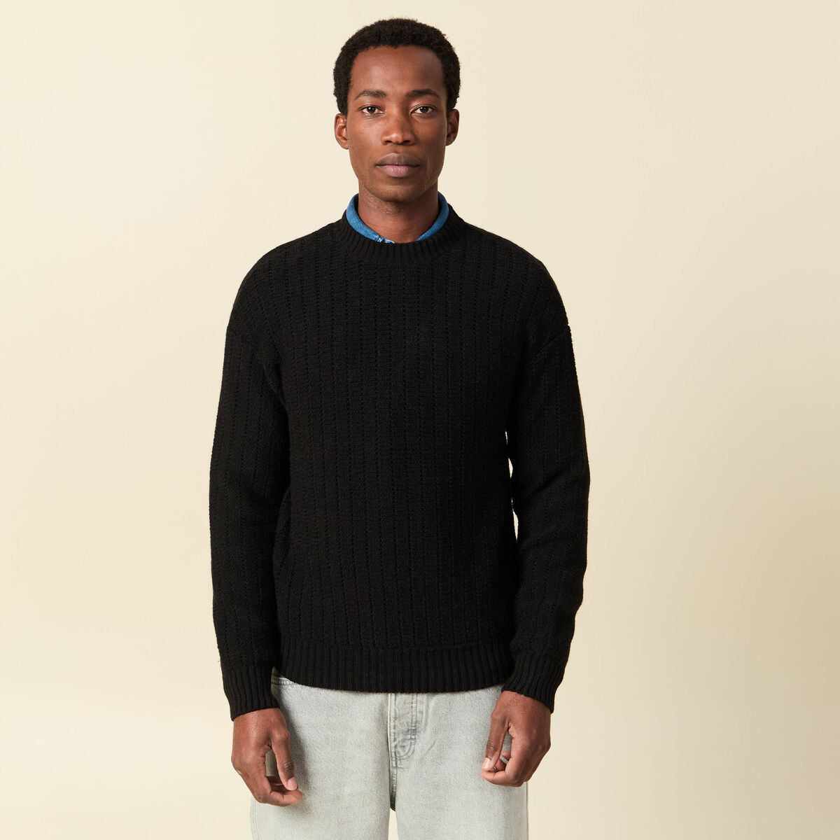 Pull manches longues col rond noir homme