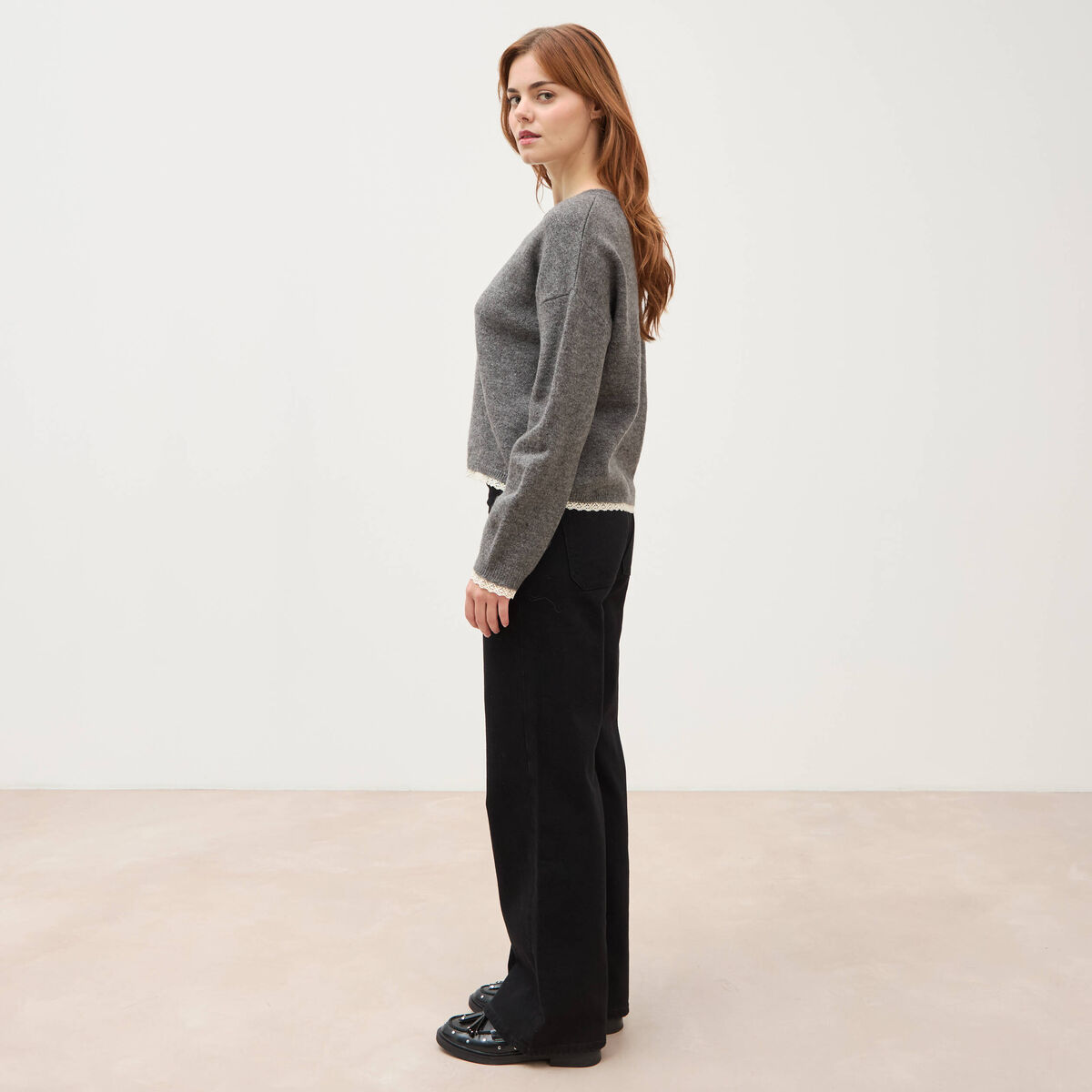 Gilet manches longues col rond gris femme