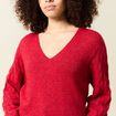 Pull ajouré col V manches longues rouge femme
