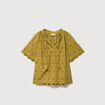 Blouse col v manches 3/4 en coton brod&eacute;e vert olive femme